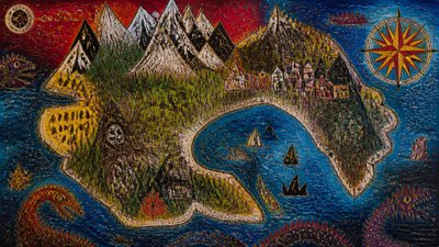 a map of an island realm with mountains, forests, a sheltered bay, sea monsters in the water and a compass rose, no text labels
