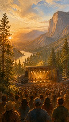 a live music scene with a glowing stage and silhouetted crowd, energetic vertical composition with open space at the top, no text