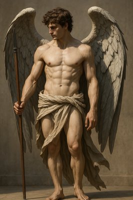 a statue of a man with wings and a staff