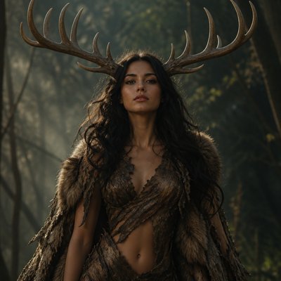 Fais moi une deesse et fort avec des cheveux noir et des corne de cerf immense sur la tete, elle est habille en fourure de cerf et d’ecorse sans bijou elle représente la deesese de la nature c’est une humain avec des yeux noir et rond comme ceux d’un cerf , elle a pas de frange ses cheveux sont ondulés