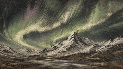 a flowing aurora over snowy peaks, wide sweeping composition, no people, no text