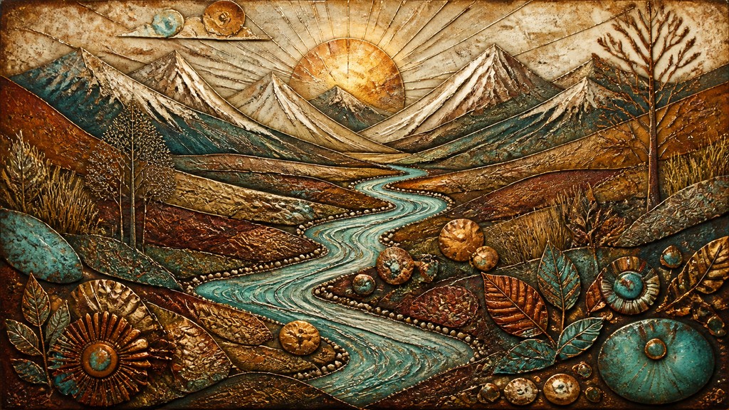 a vast valley with a river winding toward distant mountains at sunrise, no people, no text