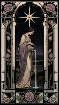 a robed figure pouring water beneath a large eight-pointed star in a night sky, symmetrical composition with an ornate decorative border, no text