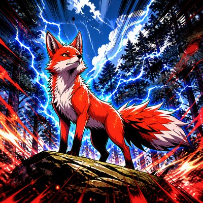 a red fox standing alert in a forest clearing, ears up, no people