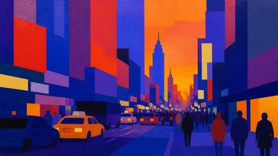 bustling city street panorama at dusk