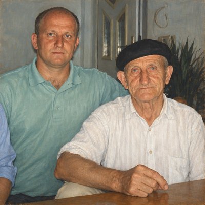 a painting of two men sitting at a table