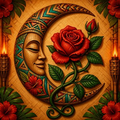 a rose entwined with a crescent moon, clean balanced composition on a plain background, no text