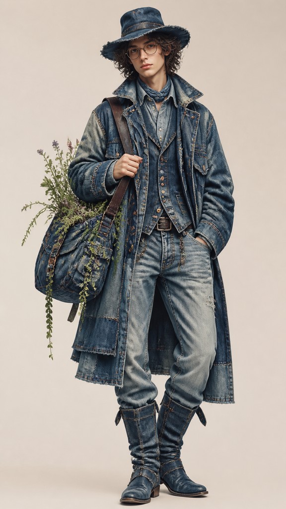 full-body original character: a wandering botanist with a satchel of plants, a patched green cloak, tall boots and round glasses, neutral background