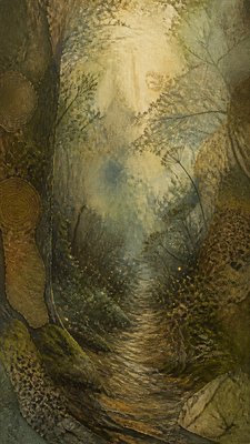 a mysterious forest path with fireflies and drifting mist, atmospheric vertical composition with open space at the top, no text