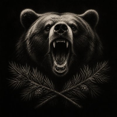 a roaring bear head above crossed pine branches, bold graphic composition on a plain background, no text