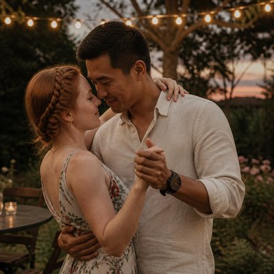 an original couple dancing under string lights in a garden at dusk: a man with short black hair in a linen shirt and a woman with braided red hair in a summer dress