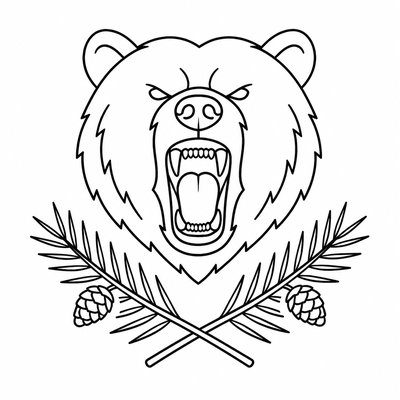 a roaring bear head above crossed pine branches, bold graphic composition on a plain background, no text