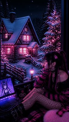 a snow-covered cottage with warm glowing windows beside a decorated pine tree, gentle snowfall, no text
