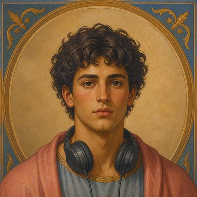head-and-shoulders portrait of an original character: a young man with curly dark hair and headphones around his neck, plain backdrop, no text