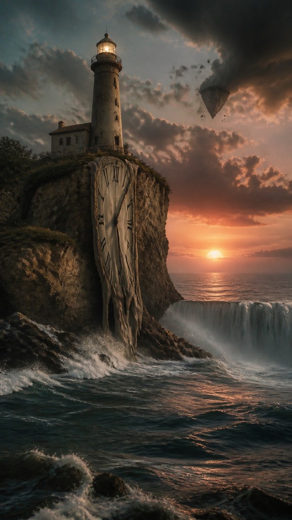 a lone lighthouse on a cliff at dusk under a dramatic sky, no text or lettering