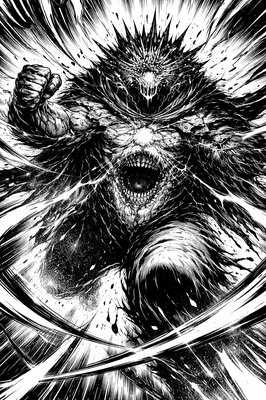 a black and white drawing of a demon