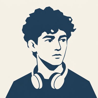 head-and-shoulders portrait of an original character: a young man with curly dark hair and headphones around his neck, plain backdrop, no text