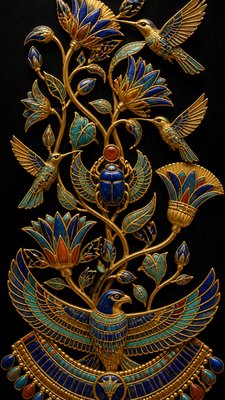 a climbing vine of flowers and hummingbirds on a dark background, tall wrapping composition, no text