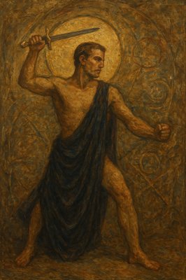 a painting of a man holding a sword