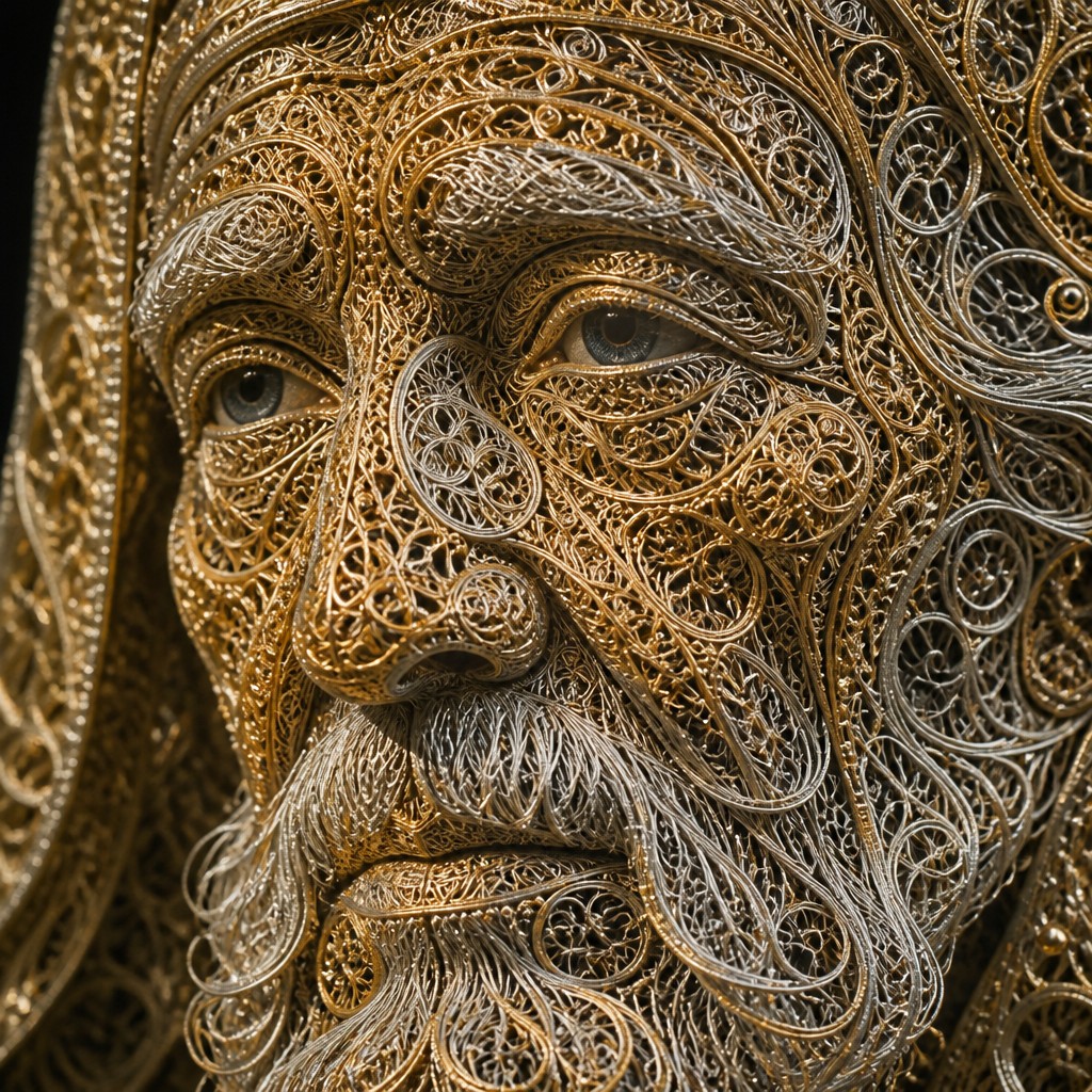 close-up portrait of an elderly person with expressive weathered features — Filigree Jewelry Style