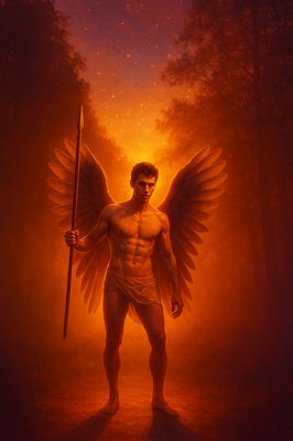 a man with a sword and angel wings
