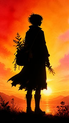 full-body original character: a wandering botanist with a satchel of plants, a patched green cloak, tall boots and round glasses, neutral background