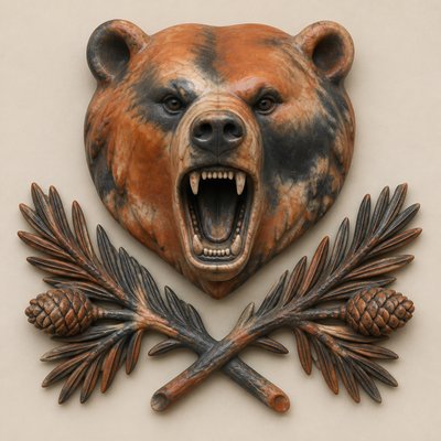 a roaring bear head above crossed pine branches, bold graphic composition on a plain background, no text
