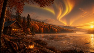 a sweeping aurora over a frozen lake, no people