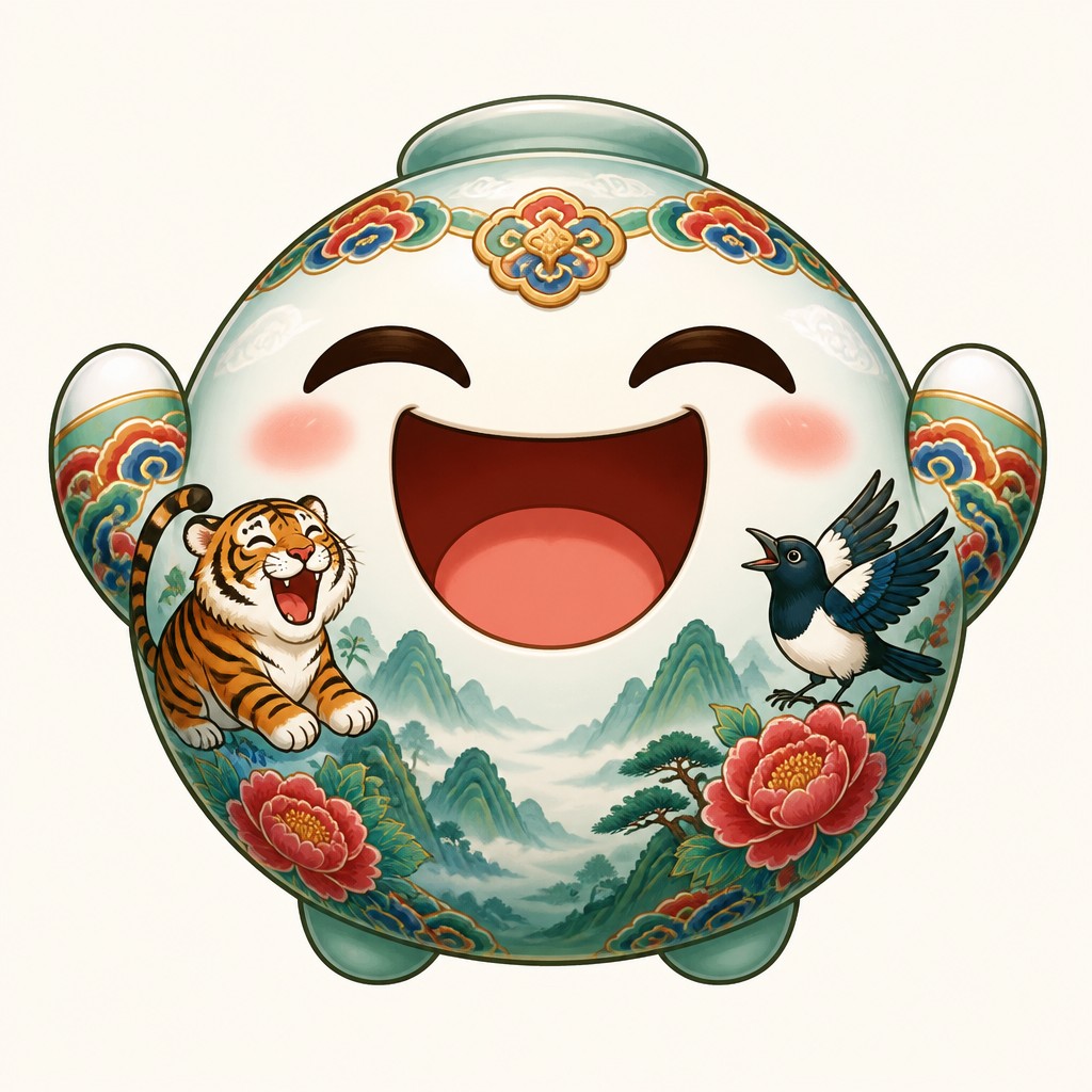an exaggerated laughing face of an original round mascot character, bold and readable at small size, plain background, no text