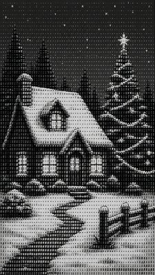 a snow-covered cottage with warm glowing windows beside a decorated pine tree, gentle snowfall, no text