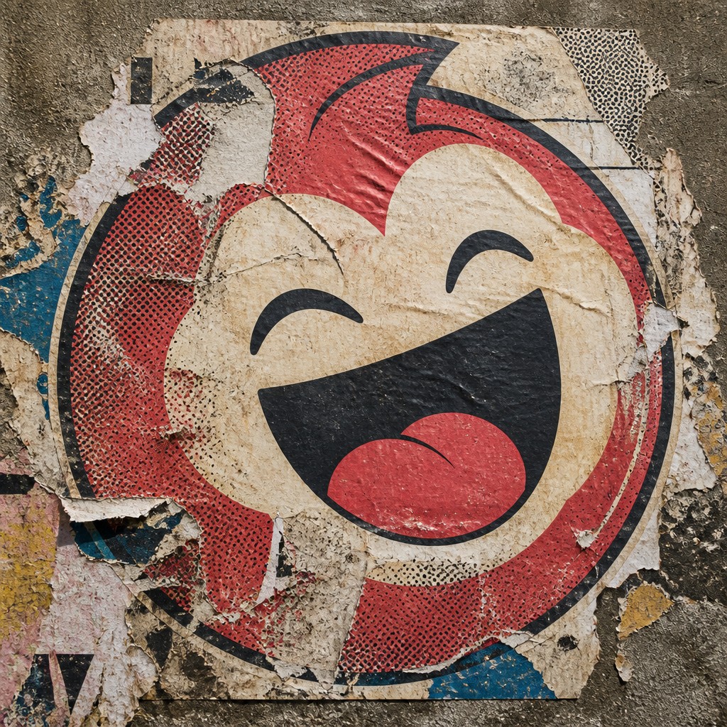 an exaggerated laughing face of an original round mascot character, bold and readable at small size, plain background, no text