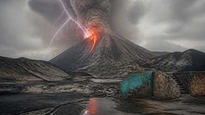 an erupting volcano with lightning strikes, dramatic wide composition, no text
