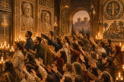 a large group of people standing in a church