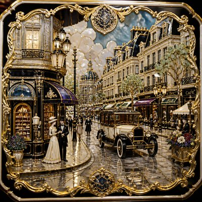 urban street with city activity — Decorative Arts Style