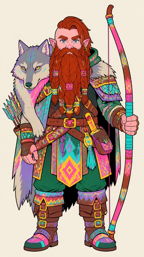 full-body original character: a dwarven ranger with a braided auburn beard, worn leather armor, a longbow and a wolf-pelt cloak, neutral background, no text