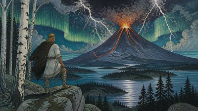 an erupting volcano with lightning strikes, dramatic wide composition, no text