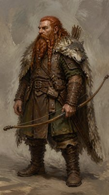 full-body original character: a dwarven ranger with a braided auburn beard, worn leather armor, a longbow and a wolf-pelt cloak, neutral background, no text