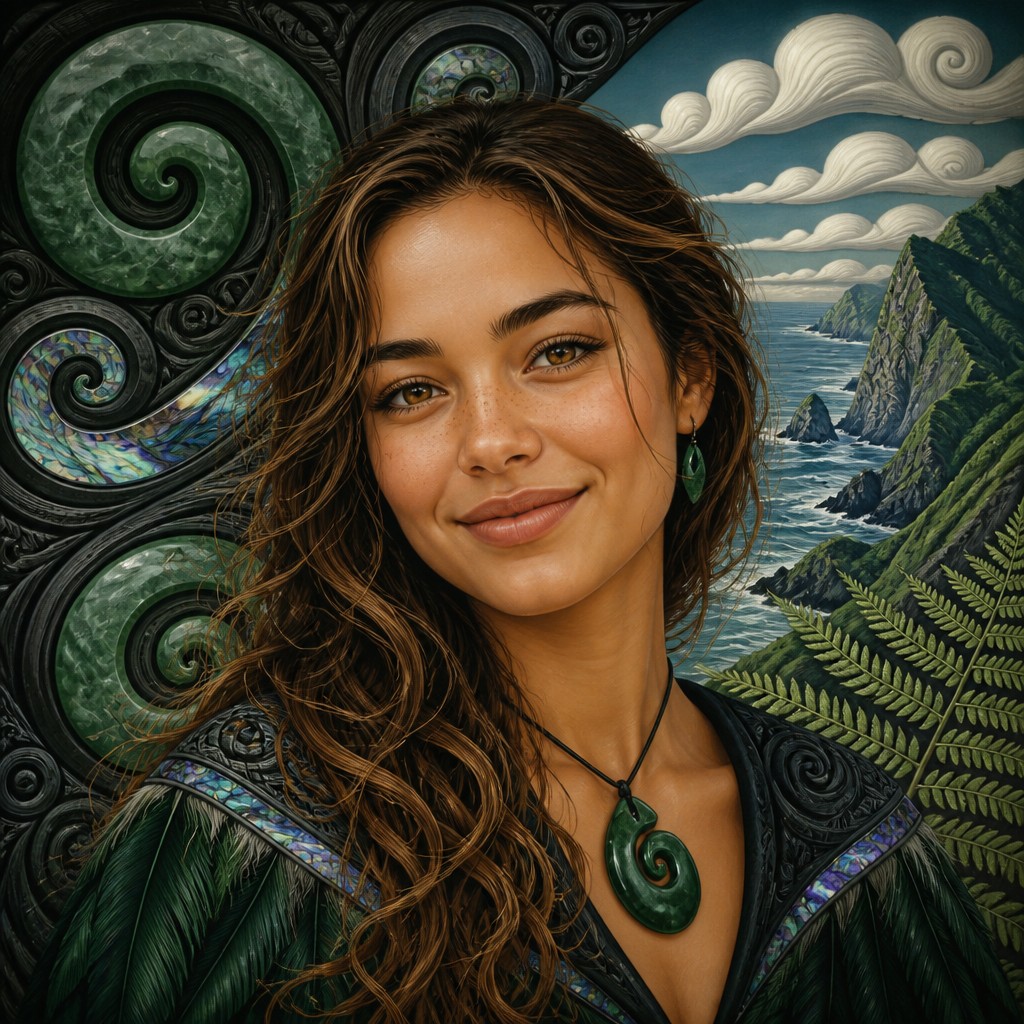 head-and-shoulders portrait of an original character: a young woman with wavy chestnut hair and a warm smile, plain soft backdrop