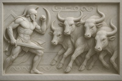 a sculpture of a man with a sword and four bulls