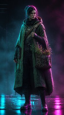 full-body original character: a wandering botanist with a satchel of plants, a patched green cloak, tall boots and round glasses, neutral background