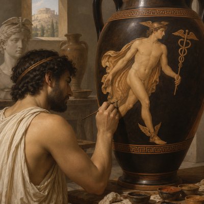An ancient Greek vase painter depicting Hermes