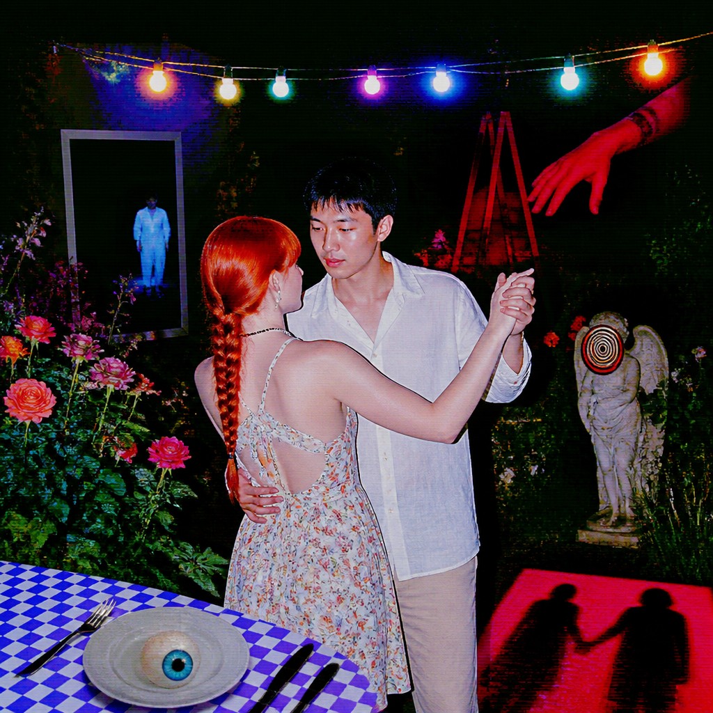 an original couple dancing under string lights in a garden at dusk: a man with short black hair in a linen shirt and a woman with braided red hair in a summer dress