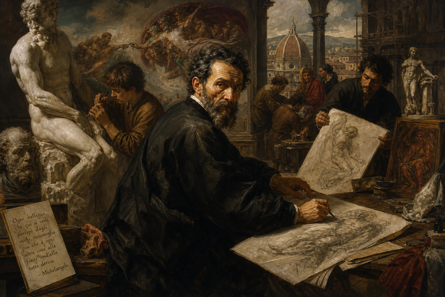 "Every beauty which is seen here by persons of perception resembles more than anything else that celestial source from which we all are come.”
- Michelangelo
- Michelangelo