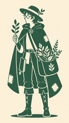 full-body original character: a wandering botanist with a satchel of plants, a patched green cloak, tall boots and round glasses, neutral background