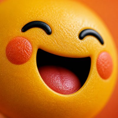 an exaggerated laughing face of an original round mascot character, bold and readable at small size, plain background, no text