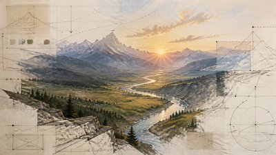 a vast valley with a river winding toward distant mountains at sunrise, no people, no text