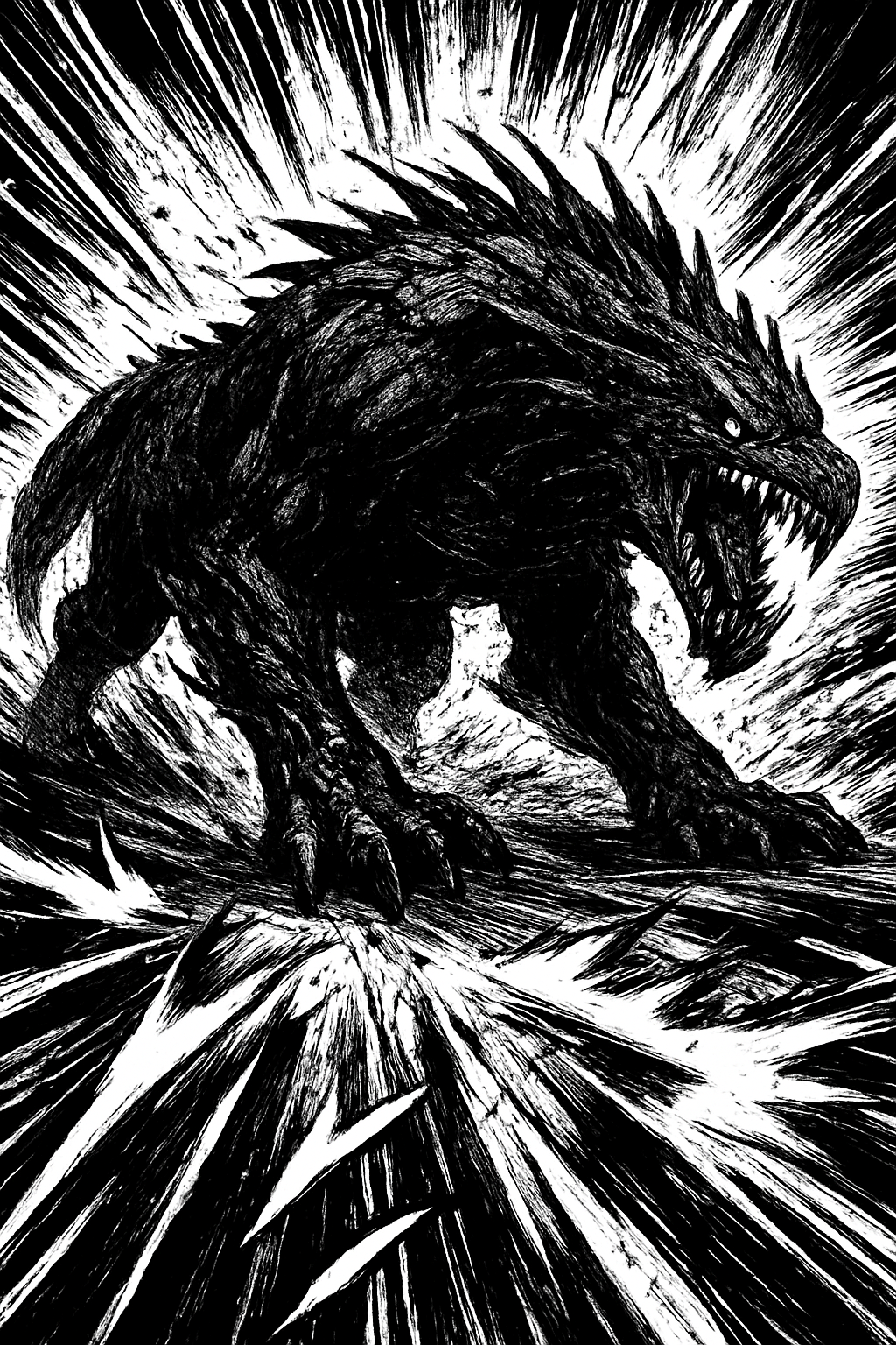 a black and white drawing of a godzilla
