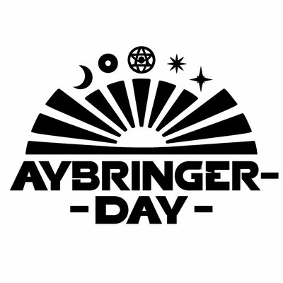 create a sunrise sign in typographic collage form with a sunray half sun with symbolic pagan star symbols on top of a banner that says DAYBRINGER IN IN PIG LATIN
