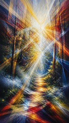 a mysterious forest path with fireflies and drifting mist, atmospheric vertical composition with open space at the top, no text