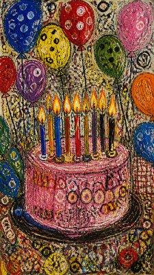 a birthday cake with lit candles surrounded by balloons and confetti, festive vertical composition, no text